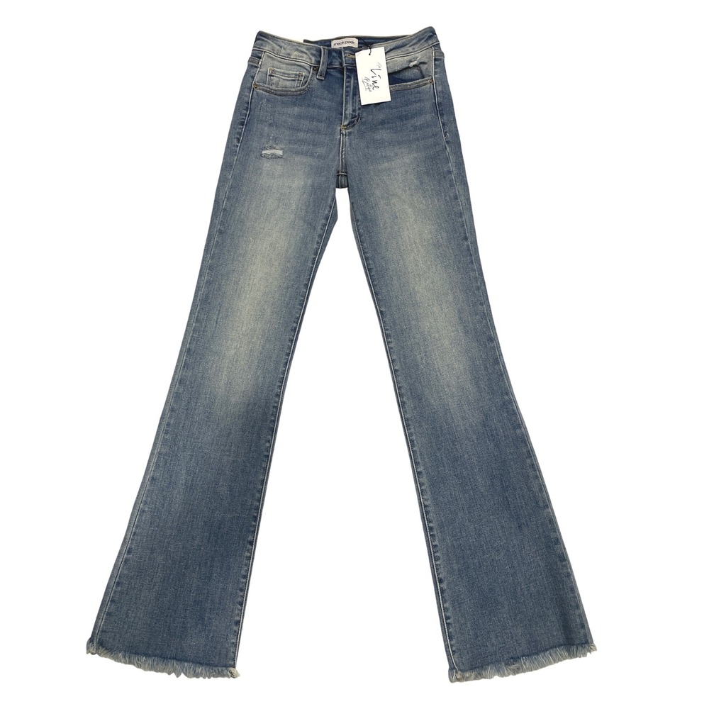 Sneak Peek Cori Denim Mid Rise Boot Cut Jeans Women sz 25 Frayed Hem Hippie Chic